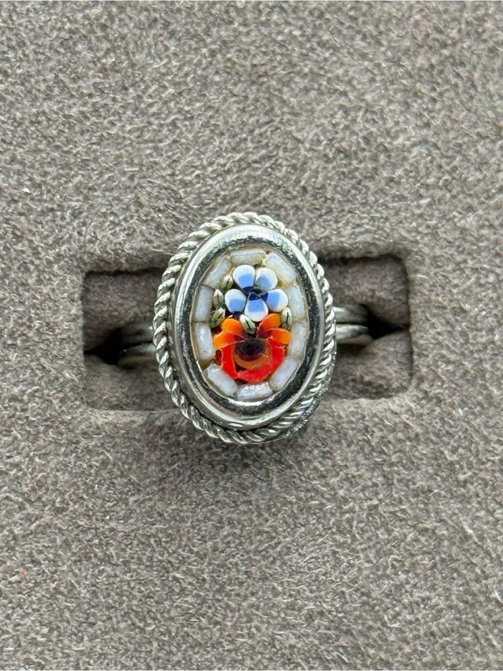 Vintage adjustable Floral Micro-Mosaic Ring - Orange & Blue